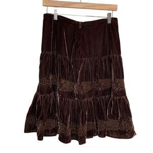 BCBGMaxAzria 90s Tiered Velvet Peasant Skirt Size 2 Brown Rayon Silk Boho